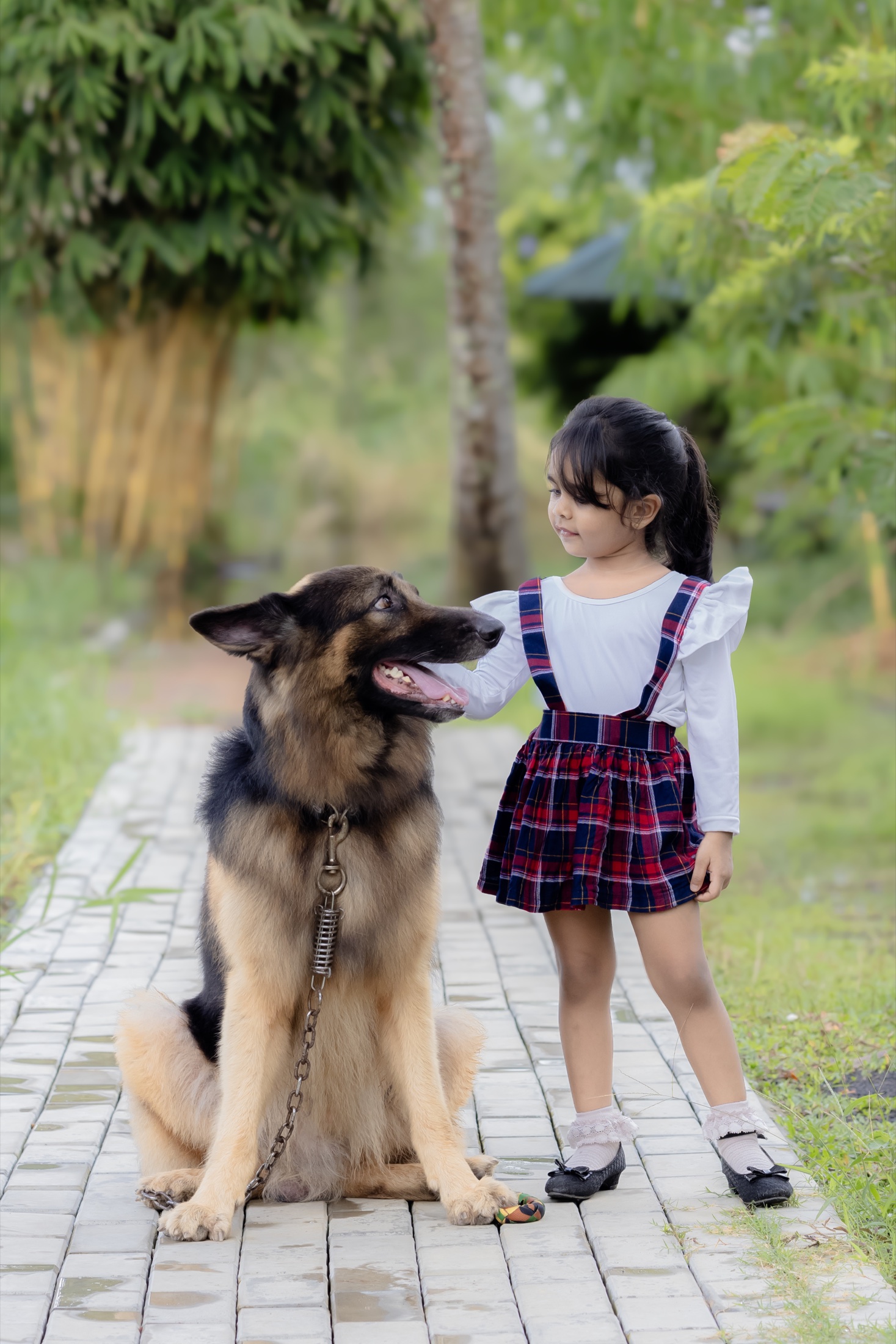 Young girl posing outdoors with a German Shepherd during a baby shoot
