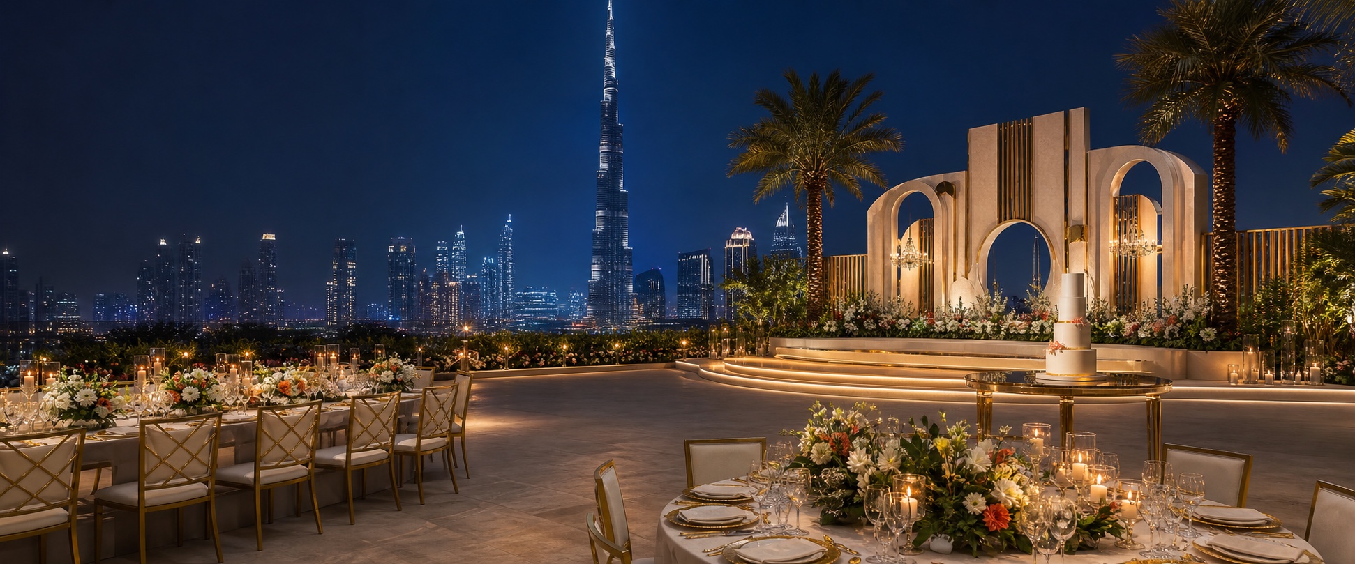 Luxury Falconix event terrace overlooking the Dubai skyline with reception tables, flowers, a celebration cake, and a modern stage