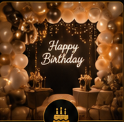 Birthday party decoration with balloons and lights