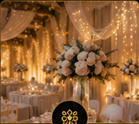 Golden event decorations with flowers and lights