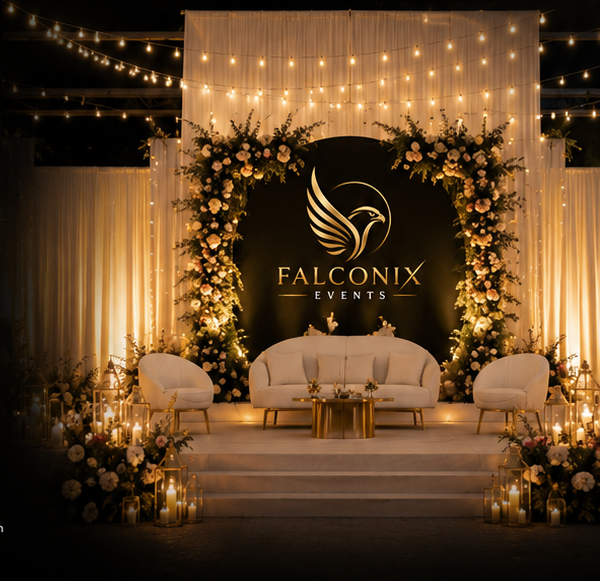 Luxury Falconix event stage with flowers, candles, and warm lights